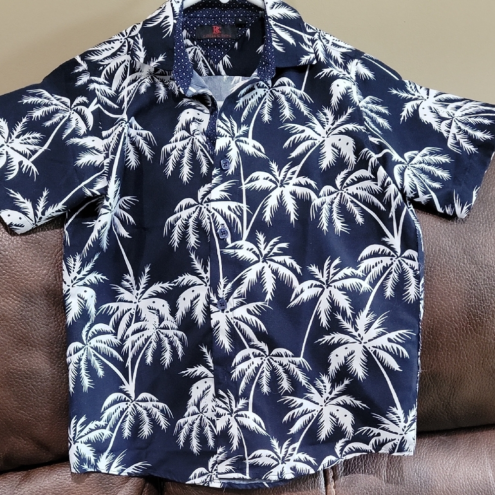 Navy Blue Palm Tree Print Men's Shirt
